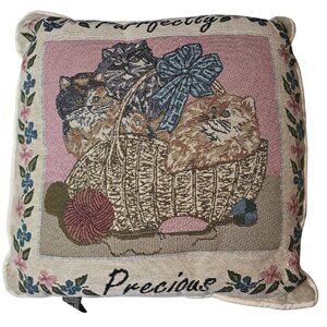 Vintage 80s 90s Cat Tapestry Throw Pillow With Basket & Yarn Design